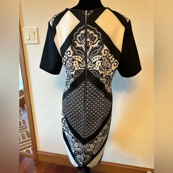 beige by eci black dress Badgley Mischka Embellished Beaded High Neckline Long Sleeves Cuff Discreet  Pocket Velvet Wrapped Shift Dress| Available at Curated Brands in Los  Angeles